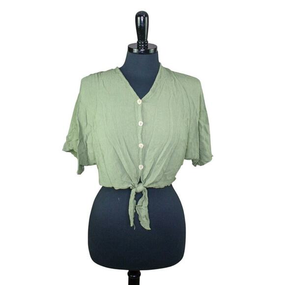 Free Kisses Sage Green Crop Top Blouse Tie Up Front Buttons Boho S - Picture 1 of 3